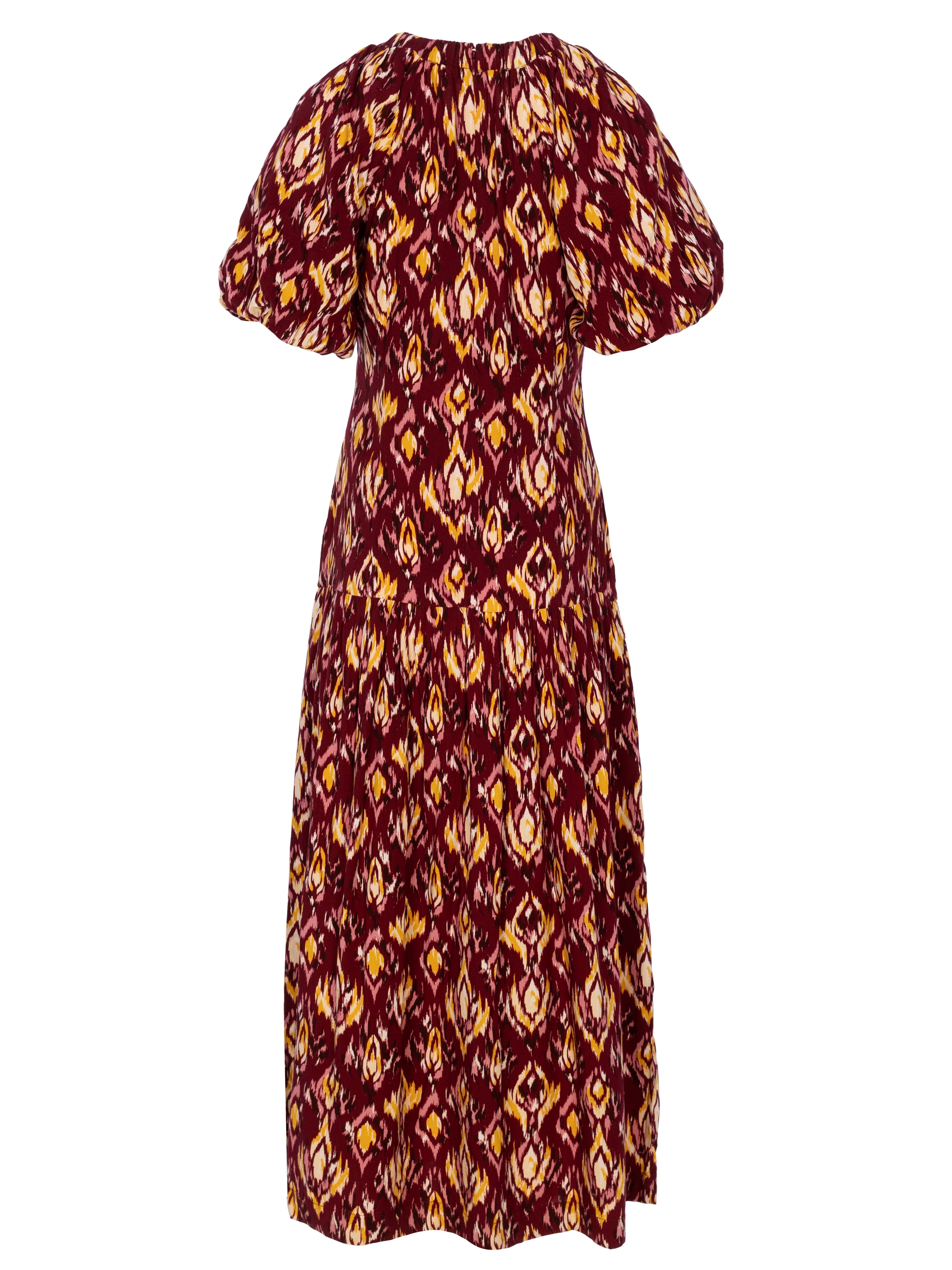 CAMILO IKAT - Vestido largo burdeos con estampado Ikat, para invitadas de boda, fiesta y eventos de primvera y verano. MIOH es la marca que eligen las influencers de España para sus eventos, como bodas y fiestas