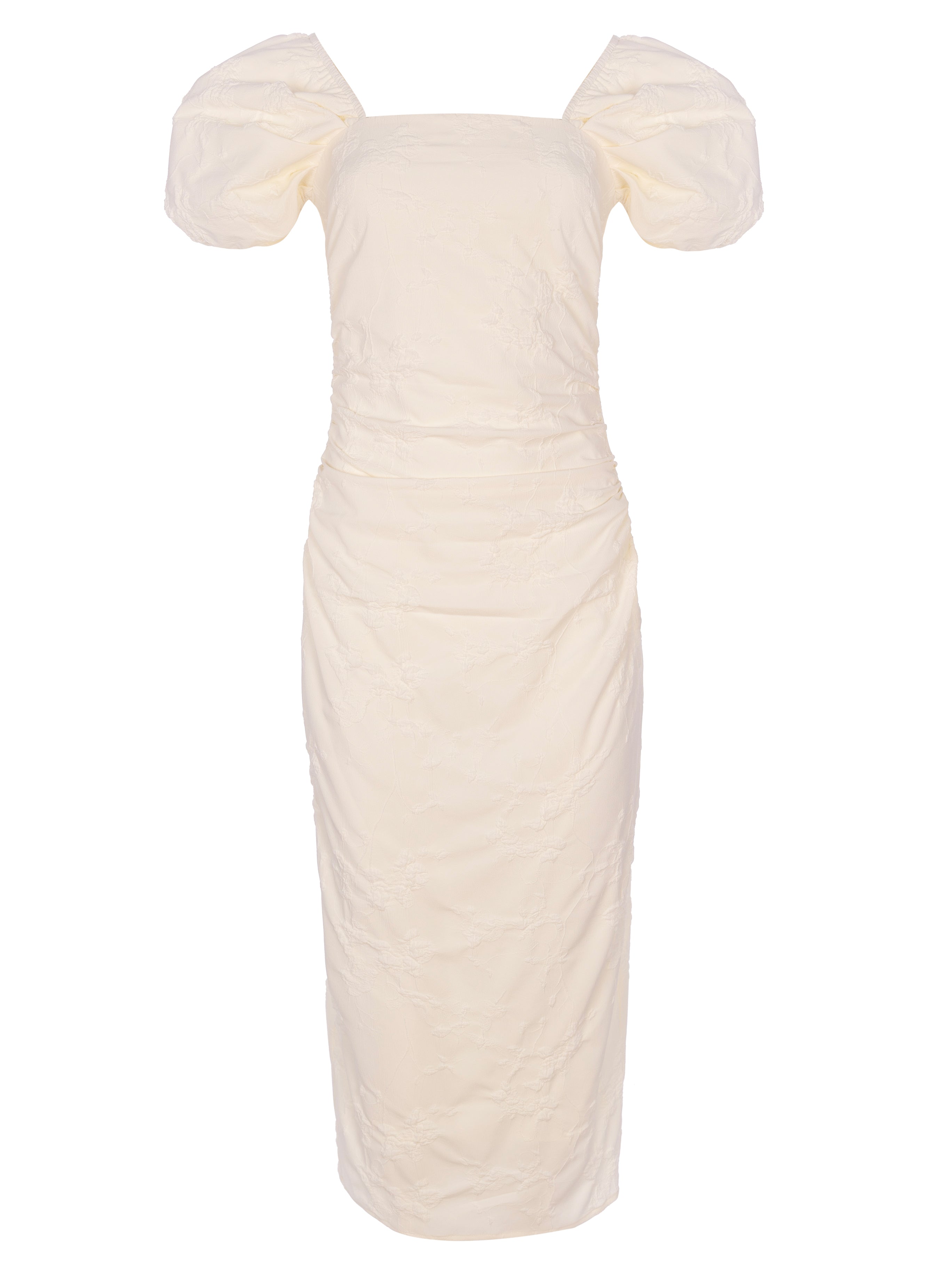 CAPULETO WHITE - Vestido escote cuadrado manga farol damasco blanco, perfecto para invitadas de boda y fiesta spring summer. MIOH es la marca de vestidos de invitada de boda y fiesta de referencia en España
