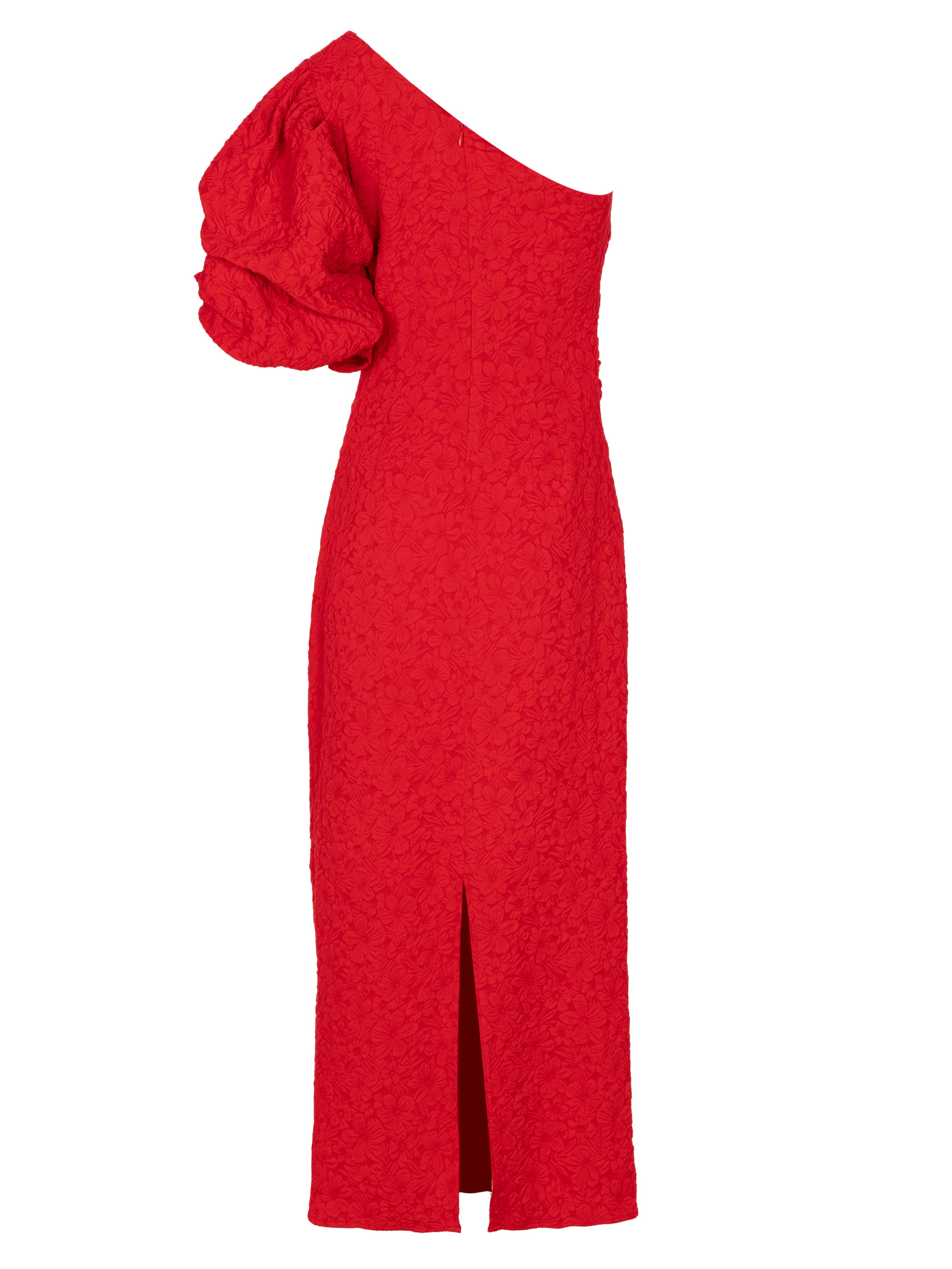 ISABELA RED - Vestido asimétrico manga abullonada damasco elástico floral rojo, de fiesta e invitada de boda y evento primavera verano. MIOH es la marca que eligen las influencers de España para sus eventos, como bodas y fiestas