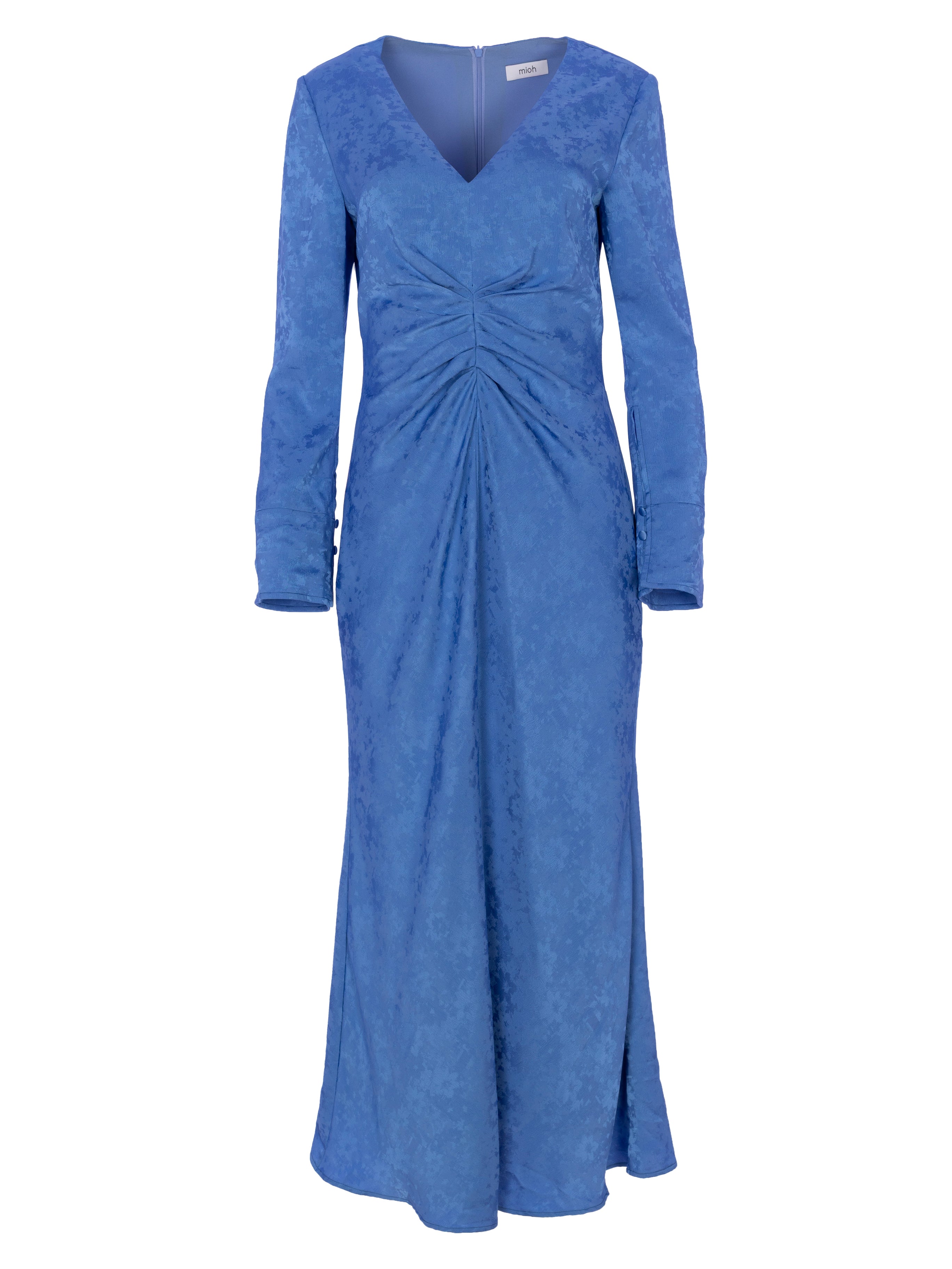 MIRANDA BLUE - Vestido Jacquard drapeado manga larga, perfecto para invitadas de boda y fiesta spring summer. MIOH es la marca española de vestidos de fiesta para invitadas de boda más de moda en España
