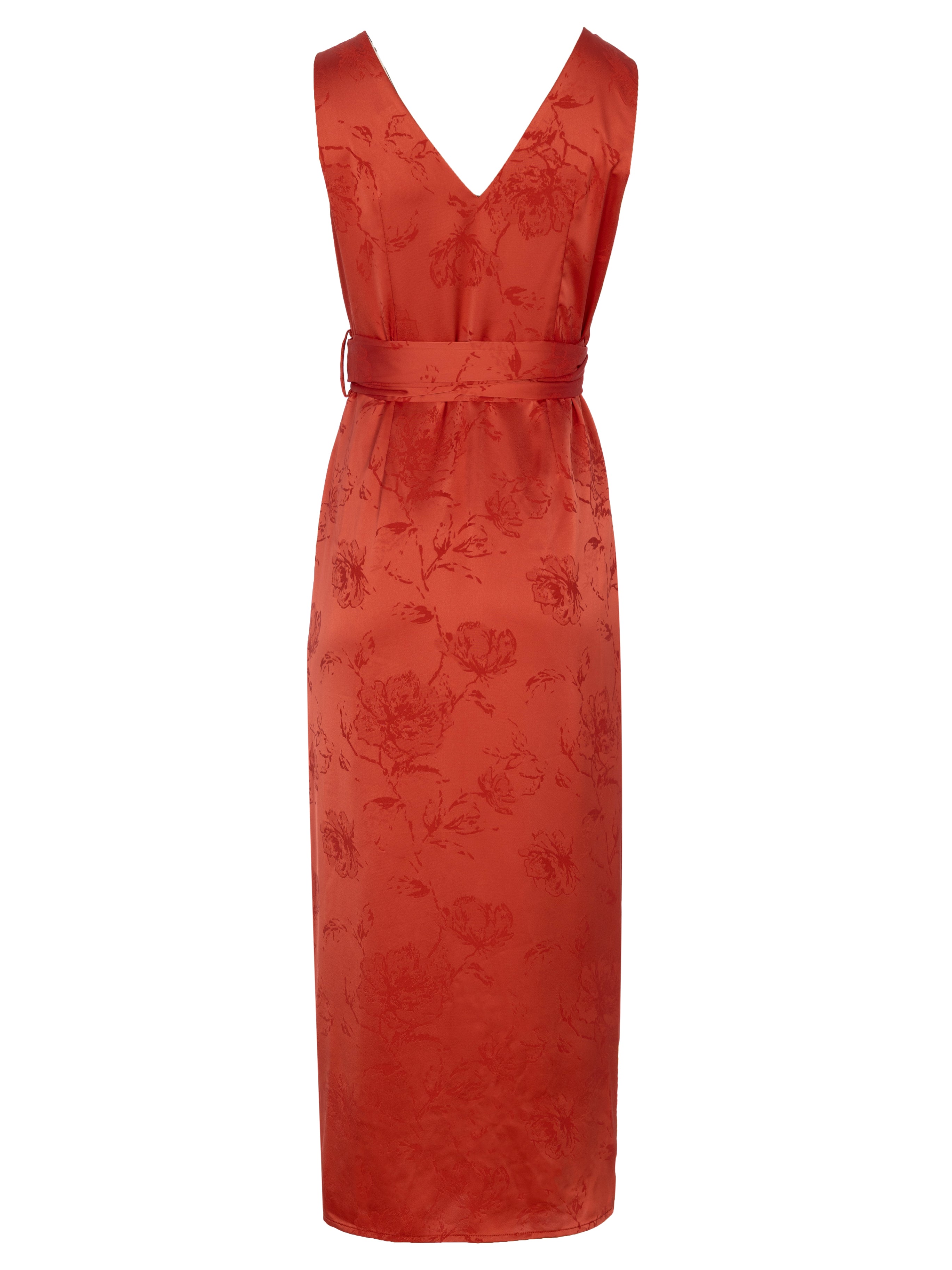 ARIEL CORAL - Vestido Wrap Jacquard Floral Coral Midi, perfecto para invitadas de boda y fiesta spring summer. MIOH es la marca española de vestidos de fiesta para invitadas de boda más de moda en España
