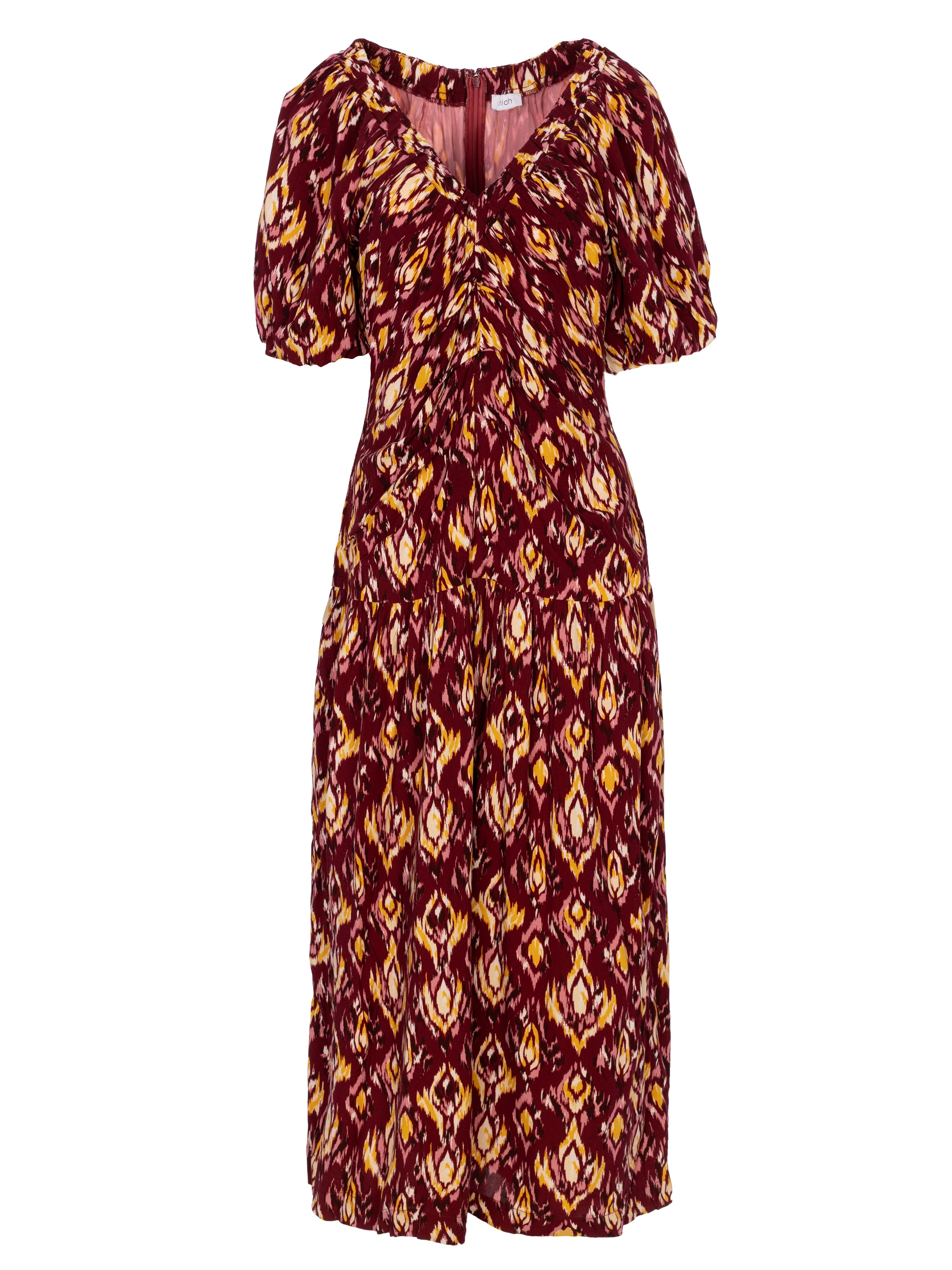CAMILO IKAT - Vestido largo burdeos con estampado Ikat, para invitadas de boda, fiesta y eventos de primvera y verano. MIOH es la marca que eligen las influencers de España para sus eventos, como bodas y fiestas
