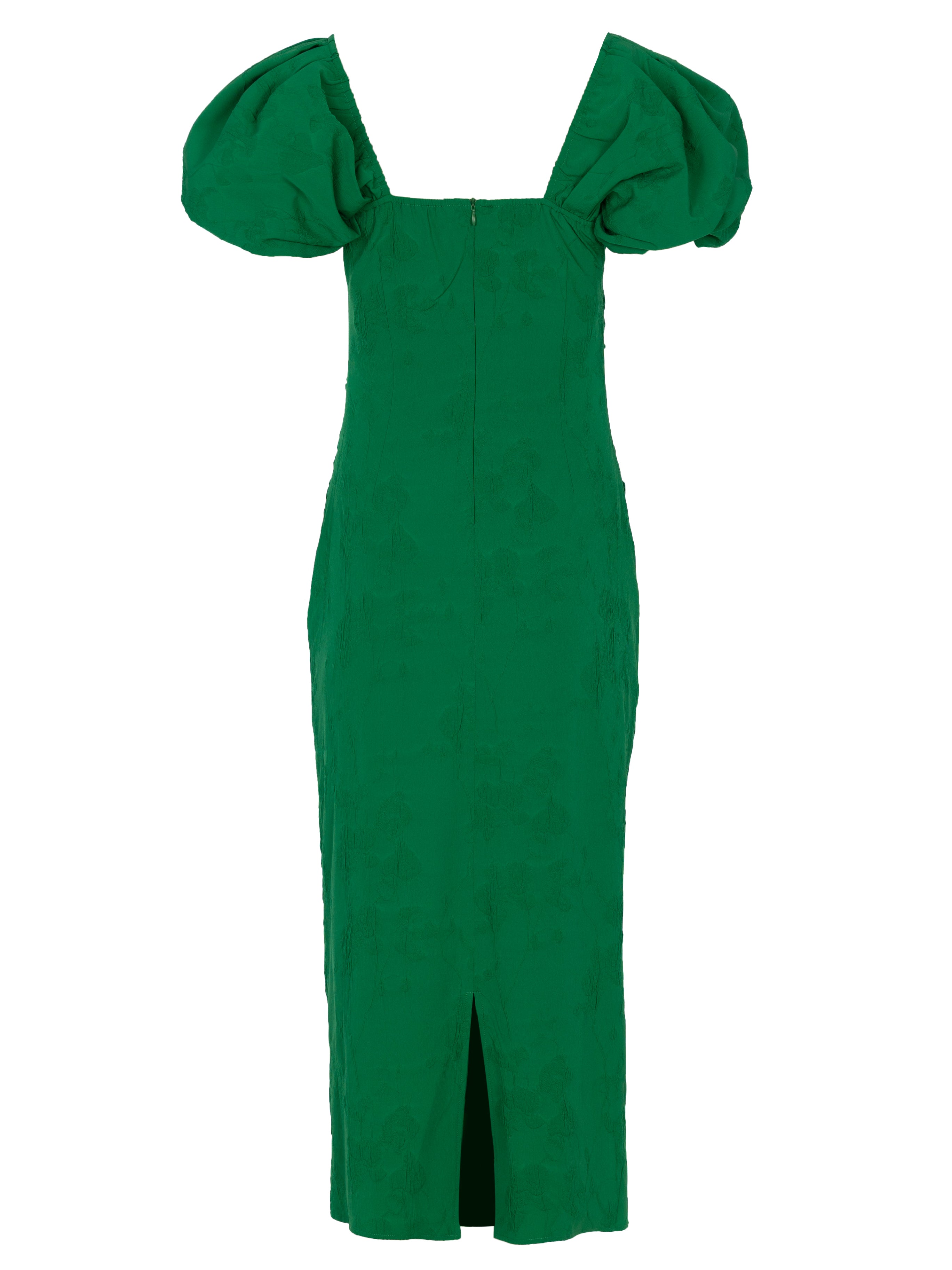CAPULETO GREEN - Vestido escote cuadrado manga farol damasco verde