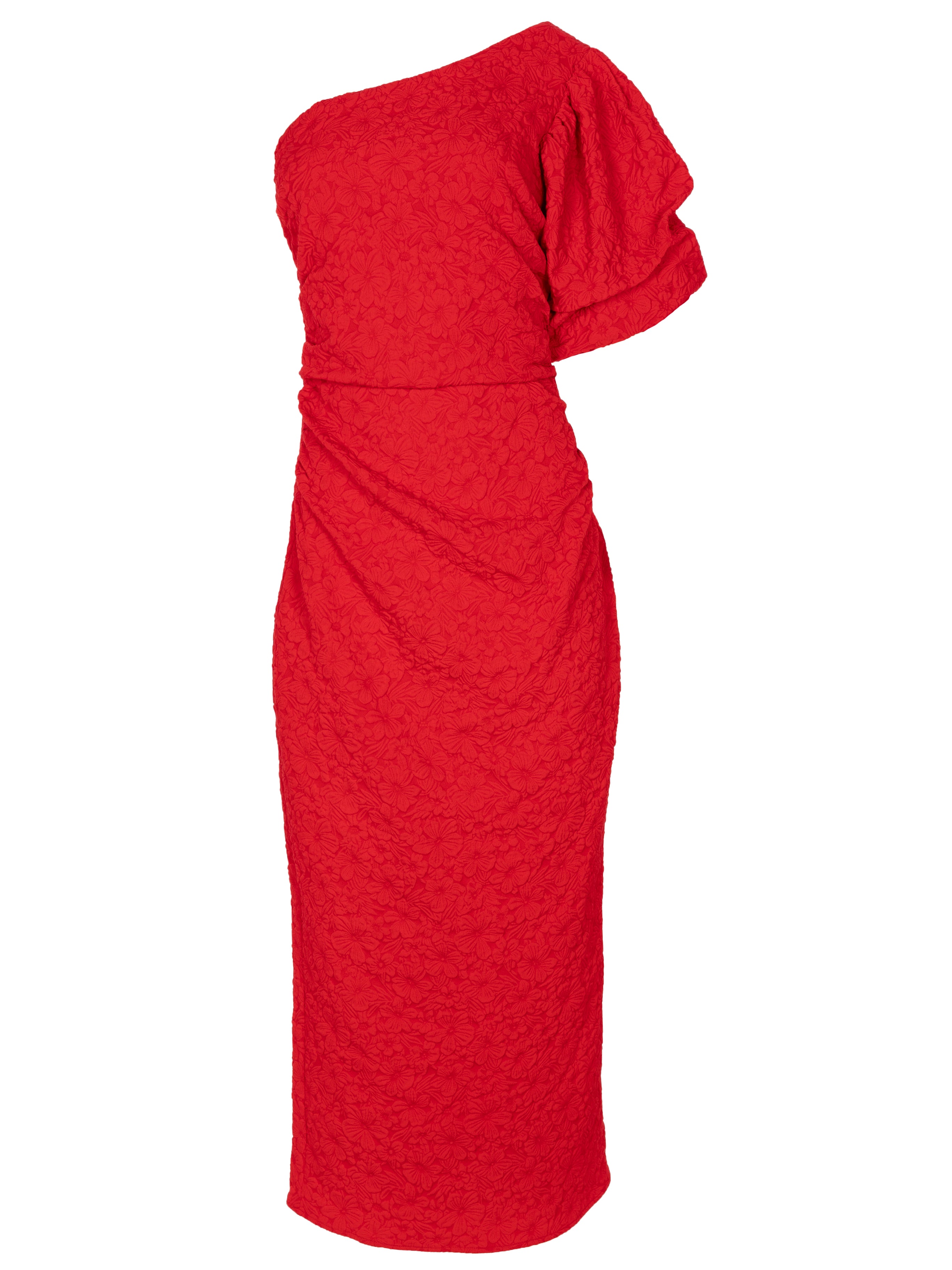 ISABELA RED - Vestido asimétrico manga abullonada damasco elástico floral rojo, de fiesta e invitada de boda y evento primavera verano. MIOH es la marca que eligen las influencers de España para sus eventos, como bodas y fiestas
