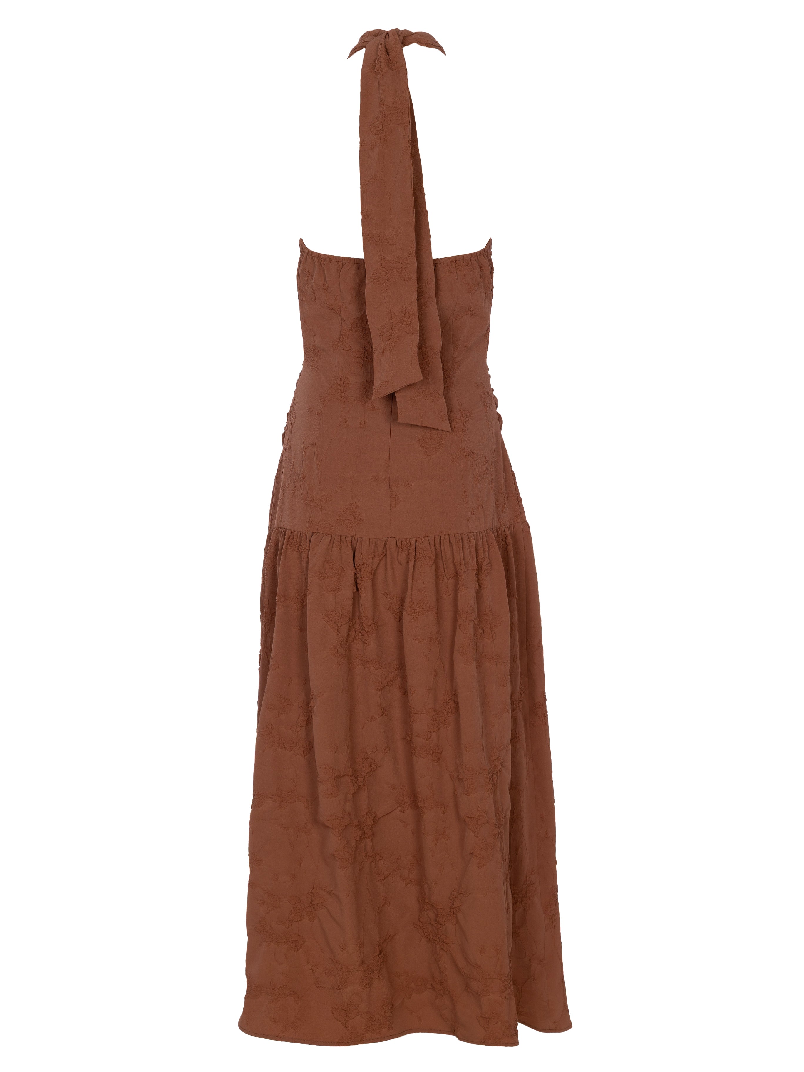 VERONA MOCA - Vestido cuello halter con volante damasco moca, perfecto para invitadas de boda y fiesta spring summer. MIOH es la marca española de vestidos de fiesta mas de moda, preferida por influencers y famosas de España